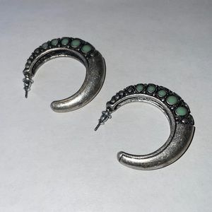 Silver-Toned Hoop Earrings with Mint Green Rhinestone Accent